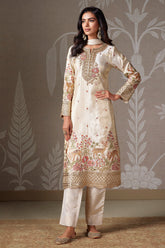 Beige Tissue Floral Embroidered and Sequin Worked Straight Cut Suit