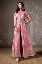 Light Pink Tissue Silk Zari Woven Butti Slit Cut Suit with Cutdana and Sequin Work