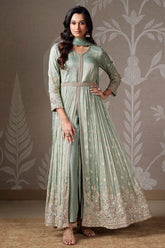 Light Pista Green Tissue Silk Zari Woven Butti Slit Cut Suit with Cutdana and Sequin Work