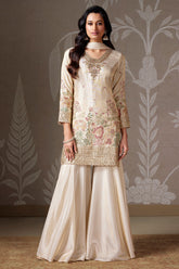 Beige Tissue Silk Floral Embroidered Palazzo Suit with Gota and Zardosi Work
