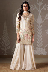 Beige Tissue Silk Floral Embroidered Palazzo Suit with Gota and Zardosi Work