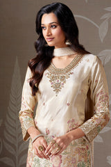 Beige Tissue Silk Floral Embroidered Palazzo Suit with Gota and Zardosi Work