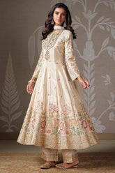 Beige Tissue Silk Floral Embroidered Anarkali Suit with Gota and Zardosi Work