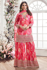 Pink Chinon Crepe Silk Floral Printed Sharara Suit with Cutdana and Sequin Work