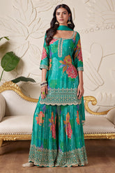 Peacock Green and Multi Colored Chinon Silk Printed Sharar Suit with Mirror and Cutdana Work