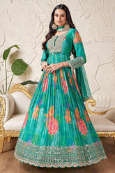 Greenish Yellow Chinon Silk Printed Anarkali Suit with Mirror and Cutdana Work