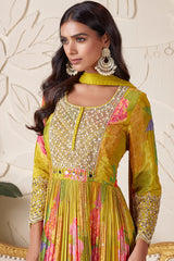 Peacock Green Chinon Silk Printed Anarkali Suit with Mirror and Cutdana Work