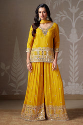 Yellow Chinon Silk Mirror Worked Palazzo Suit