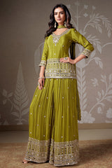 Olive Green Chinon Silk Mirror Worked Palazzo Suit