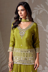 Olive Green Chinon Silk Mirror Worked Palazzo Suit