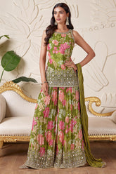 Green Velvet Floral Printed Palazzo Suit with Mirror and Sequin Cutdana Work