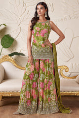 Green Velvet Floral Printed Palazzo Suit with Mirror and Sequin Cutdana Work