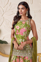 Green Velvet Floral Printed Palazzo Suit with Mirror and Sequin Cutdana Work