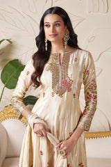 Beige Tissue Floral Embroidered and Bird Motif Anarkali Suit