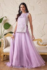 Lilac Purple Glass Tissue Organza Floral Embroidered Indo Western Suit