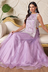 Lilac Purple Glass Tissue Organza Floral Embroidered Indo Western Suit