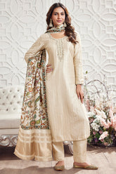 Beige Art Silk Beaded and Sequin Worked Straight Cut Suit