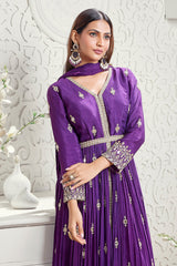 Dark Violet Chinon Georgette Mirror Cutdana Worked Slit Cut Suit