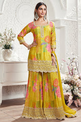 Greenish Yellow Chinon Silk Printed Sharara Suit with Mirror and Beads Work