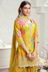 Greenish Yellow Chinon Silk Printed Sharara Suit with Mirror and Beads Work