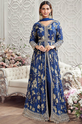 Blue Crepe Silk Floral Printed Slit Cut Suit with Mirror and Cutdana Work