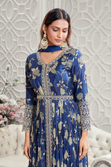 Blue Crepe Silk Floral Printed Slit Cut Suit with Mirror and Cutdana Work
