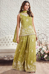 Green Tissue Silk Woven Butta Palazzo Suit with Sequin and Cutdana Work