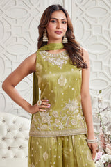 Green Tissue Silk Woven Butta Palazzo Suit with Sequin and Cutdana Work