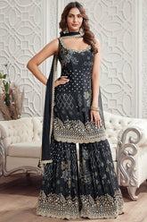 Black Chinon Printed Sharara Suit with Mirror and Sequin Cutdana Work