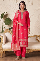 Pink Satin Organza Straight Cut Suit with Weaving