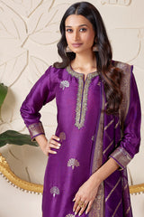 Dark Violet Purple Satin Organza Straight Cut Suit with Weaving