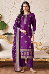 Dark Violet Purple Satin Organza Straight Cut Suit with Weaving