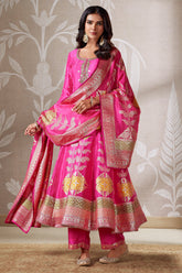 Pink Organza Banarasi Weaving Anarkali Suit