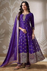 Indigo Purple Organza Banarasi Weave Anarkali Suit