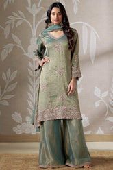 Green Tissue Silk Sequinned Palazzo Suit