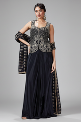 Black Raw Silk Embroidered Corset and Pleated Skirt Set - red silk saree embroidered