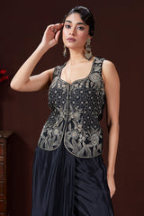 Black Raw Silk Embroidered Corset and Pleated Skirt Set