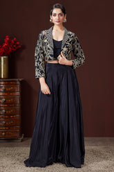 Black Raw Silk Embroidered Crop Top Palazzo Set with Short Jacket - red silk saree embroidered