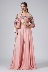 Light Pink Crush Silk Floral Printed Crop Top Palazzo Set with Short Jacket and Bead Work