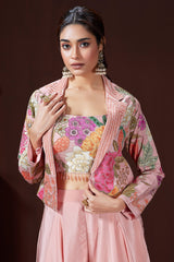Light Pink Crush Silk Floral Printed Crop Top Palazzo Set with Short Jacket and Bead Work