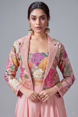 Light Pink Crush Silk Floral Printed Crop Top Palazzo Set with Short Jacket and Bead Work