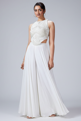 Pearl White Crepe Silk Corset Top and Palazzo Set with Sequin and Cutdana Bead Work - white silk saree