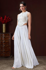 Pearl White Crepe Silk Corset Top and Palazzo Set with Sequin and Cutdana Bead Work