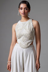 Pearl White Crepe Silk Corset Top and Palazzo Set with Sequin and Cutdana Bead Work