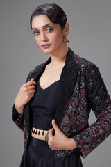 Black Raw Silk Crop Top Palazzo Set with Embroidery and Sequin Work Jacket