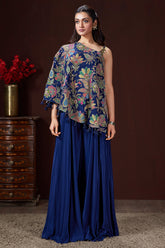 Blue Crepe Satin Silk Printed One Shoulder Asymmetrical Top and Palazzo Set - blue silk saree