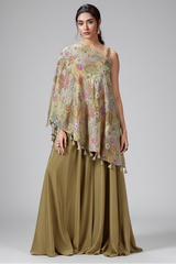 Olive Green Crepe Satin Silk Embroidered One Shoulder Asymmetrical Top Palazzo Set