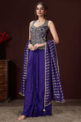 Violet Raw Silk Embroidered Top with Pleated Skirt Set