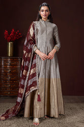 Silver and Golden Ombre Tissue Anarkali Suit - gold saree