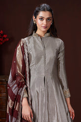 Silver and Golden Ombre Tissue Anarkali Suit - gold saree